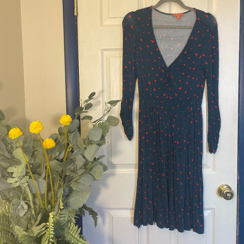 Modcloth | Long Sleeve Front Ruched Midi Heart Print Dress | Teal | Size Small